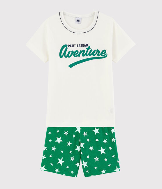 Kinder-Kurzpyjama aus Baumwolle mit Sternenmotiv für Jungen weiss MARSHMALLOW/grün GAZON