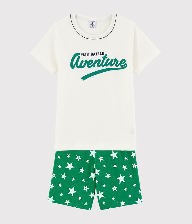 Kinder-Kurzpyjama aus Baumwolle mit Sternenmotiv f&uuml;r Jungen weiss/gr&uuml;n