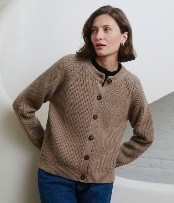 Damen-Cardigan aus einfarbiger Wolle und Baumwolle braun ROCHE