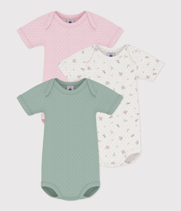Set kurz&auml;rmeliger Baby-Bodys aus Baumwolle mit Blumen-Lochstickerei vielfarbig