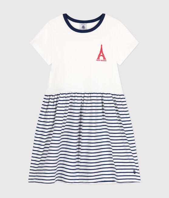 Kurzärmeliges Kinder-Kleid aus Baumwolle für Mädchen weiss MARSHMALLOW/blau MEDIEVAL