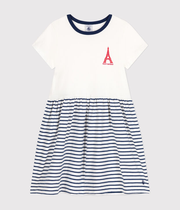 Kurz&auml;rmeliges Kinder-Kleid aus Baumwolle f&uuml;r M&auml;dchen weiss/blau