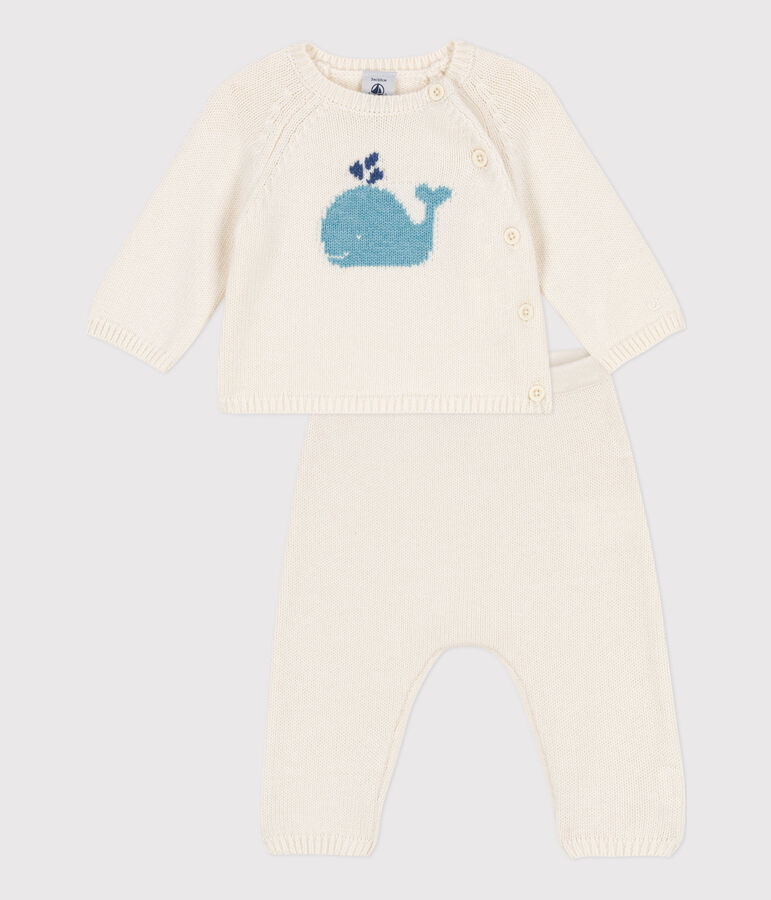 Baby-Set aus Woll- und Baumwoll-Strick weiss
