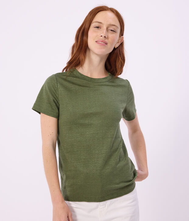 Einfarbiges, kurz&auml;rmeliges Leinen-T-Shirt f&uuml;r Damen OLIVINE