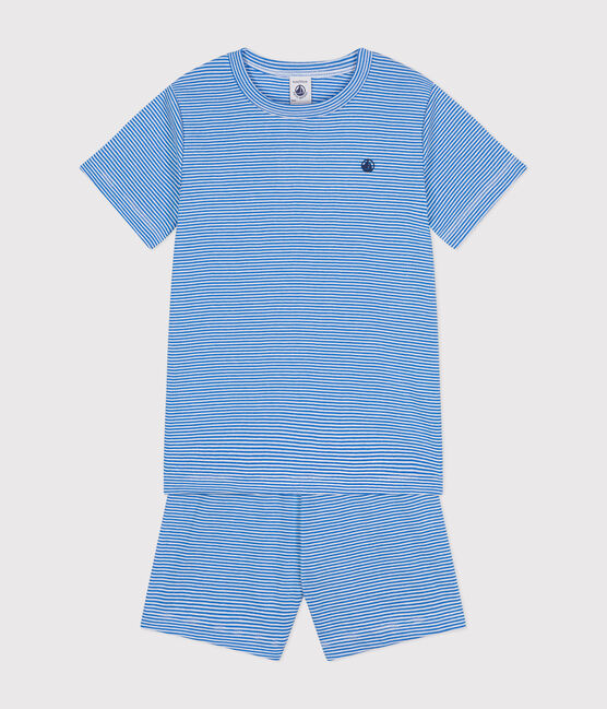 Kurzer, gestreifter Kinderpyjama aus Baumwolle DELPHINIUM/ MARSHMALLOW