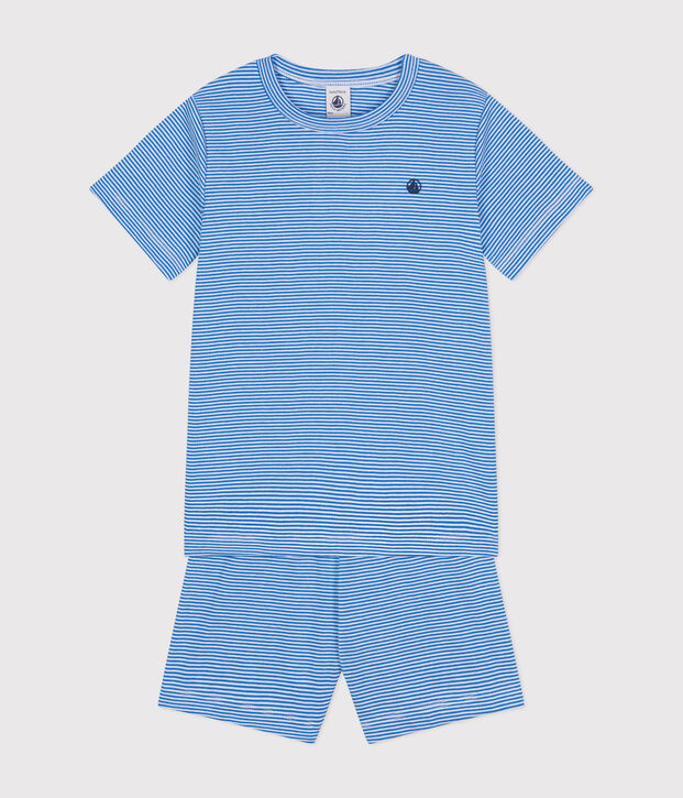 Kurzer, gestreifter Kinderpyjama aus Baumwolle blau/weiss