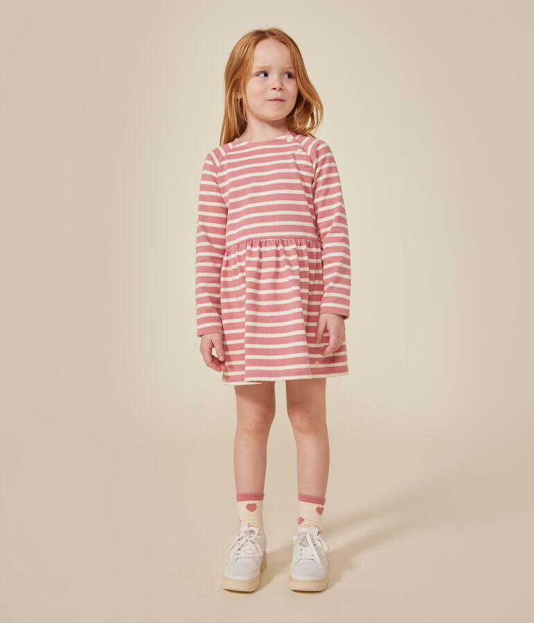 Lang&auml;rmeliges Kinder-Kleid aus festem Baumwollstoff f&uuml;r M&auml;dchen rosa/naturfarben