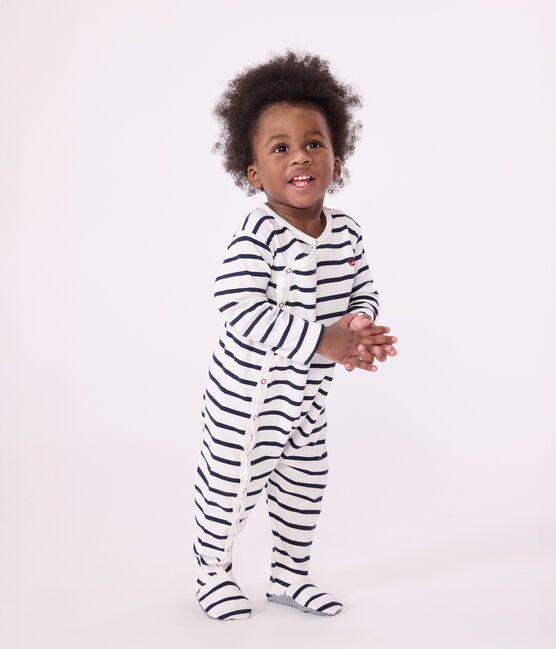 Gestreifter Baby-Pyjama aus Rippstrick weiss MARSHMALLOW/blau SMOKING