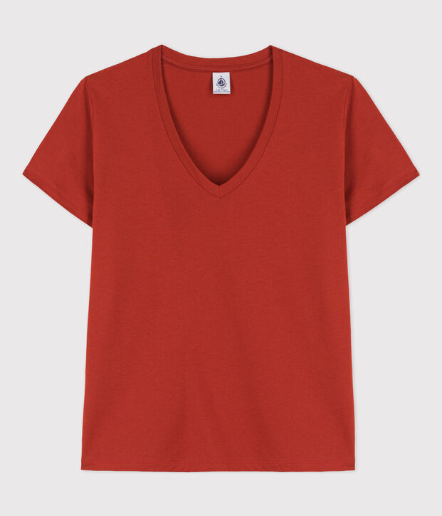Damen-T-Shirt LE DROIT mit V Ausschnitt aus Baumwolle rot