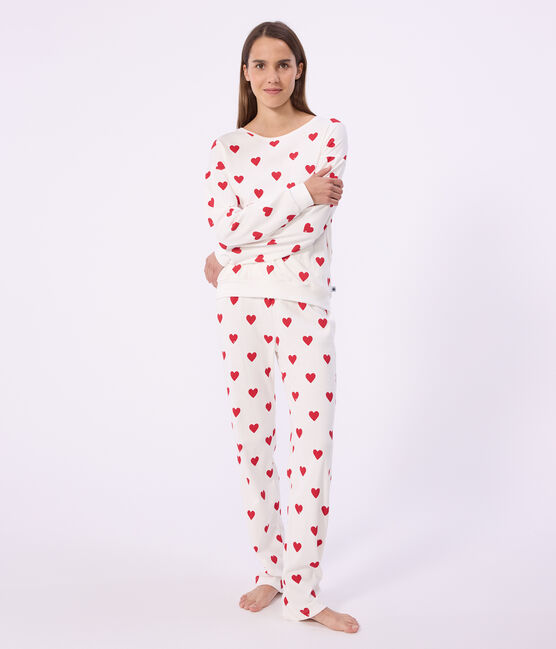 Damen-Pyjama aus Baumwolle mit Herzmotiv weiss MARSHMALLOW/rot TERKUIT