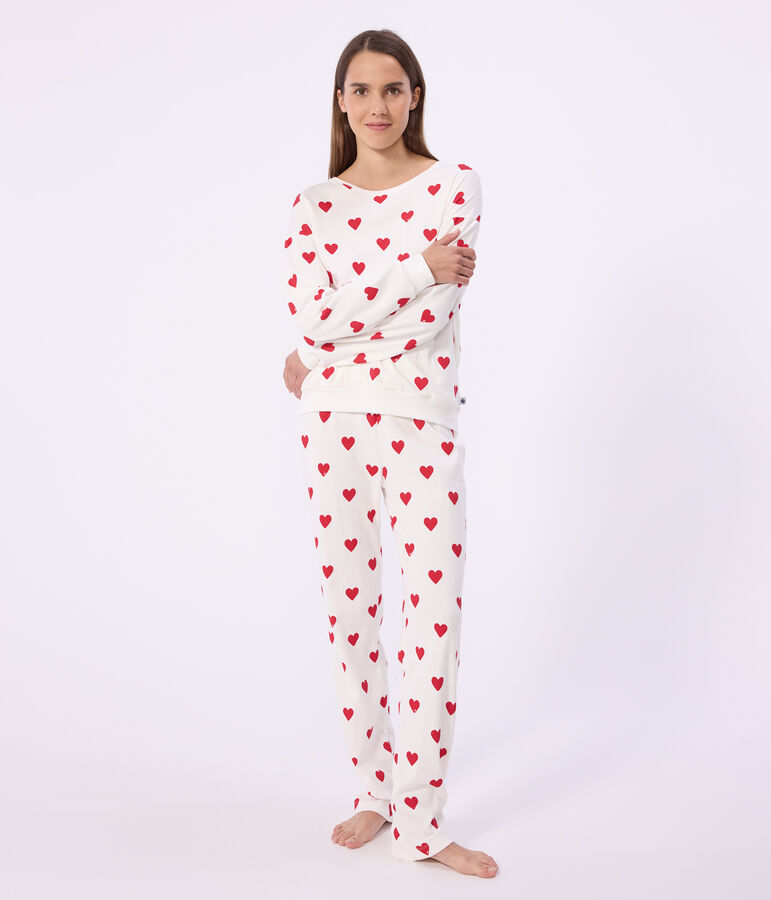 Damen-Pyjama aus Baumwolle mit Herzmotiv weiss/rot