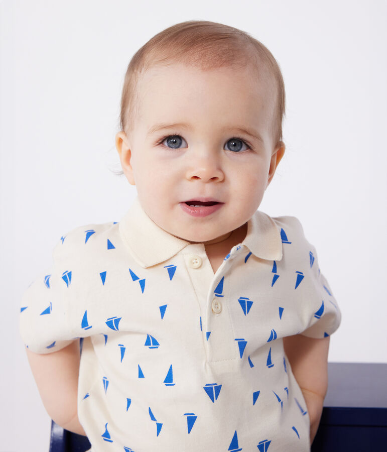 Kurz&auml;rmeliges Baby-Poloshirt aus Baumwolle mit Schiffchenmuster naturfarben/blau