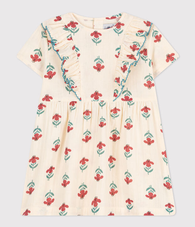 Kurz&auml;rmeliges bedrucktes Babykleid aus Baumwollgaze naturfarben/vielfarbig