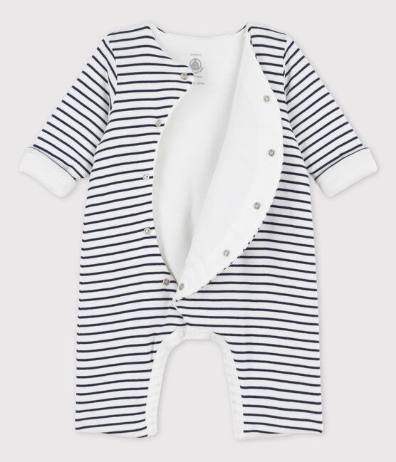 Gestreifter Baby-Langoverall aus Bio-Baumwolle weiss MARSHMALLOW/blau SMOKING