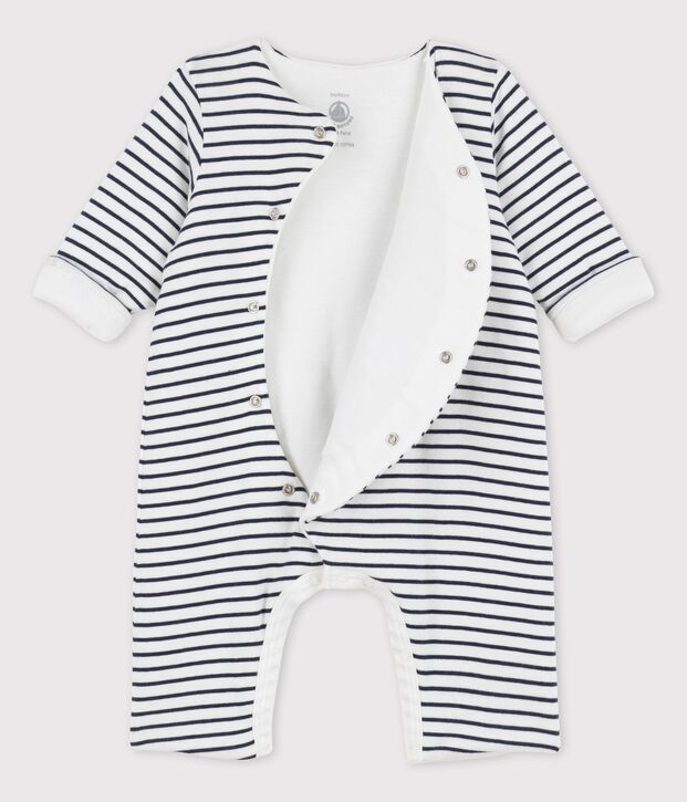 Gestreifter Baby-Langoverall aus Bio-Baumwolle weiss/blau