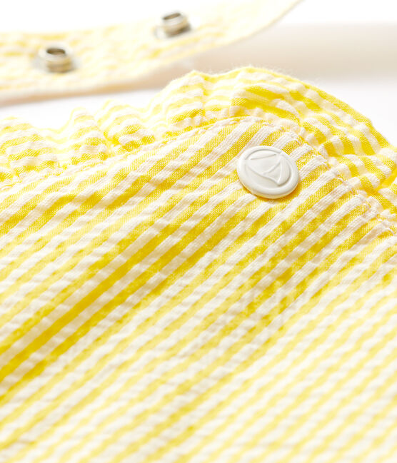 Kurze, gestreifte Baby-Latzhose aus Seersucker für Mädchen gelb SHINE/weiss MARSHMALLOW