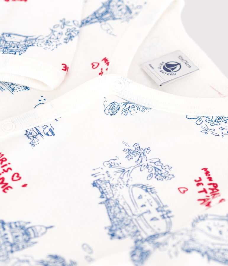 Strampler ohne F&uuml;&szlig;chen aus Baumwolle Paris-Motiv weiss/vielfarbig