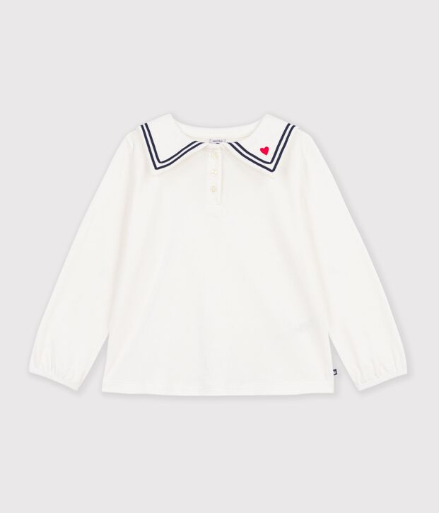 Lang&auml;rmelige Kinder-Bluse aus einfarbiger Baumwolle mit Matrosenkragen weiss