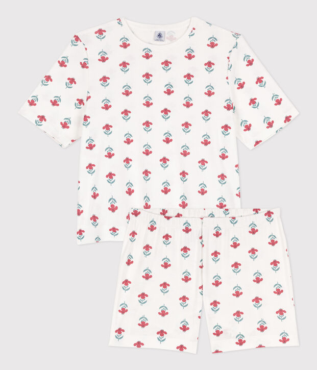 Kurzpyjama aus Baumwolle mit Blumen f&uuml;r Damen weiss/vielfarbig