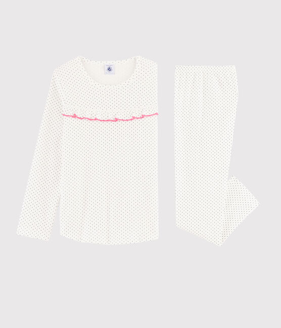 Kinderpyjama aus Rippstrick mit Punkten für Mädchen weiss MARSHMALLOW/blau MEDIEVAL