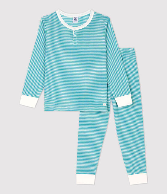 Gestreepte pyjama van katoen en lyocell voor jongetjes blau MIROIR/weiss MARSHMALLOW