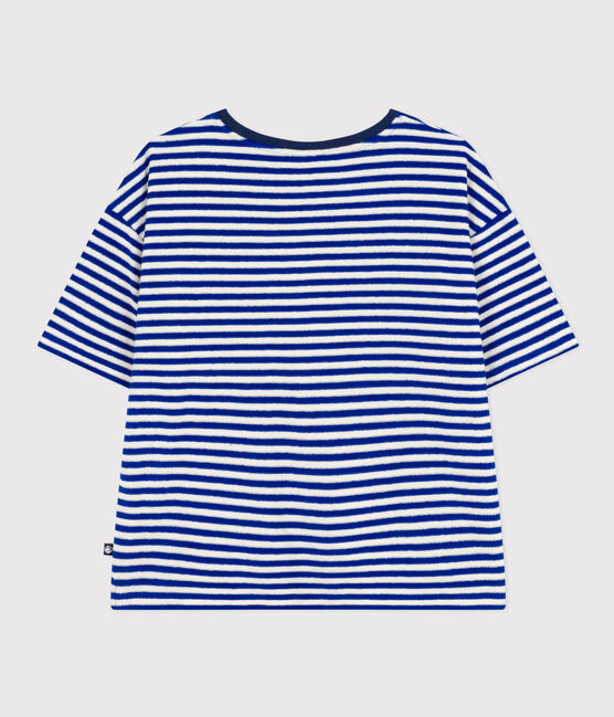 Damen-T-Shirt Le Boxy aus gestreiftem Baumwollfrottee blau SURF/ AVALANCHE