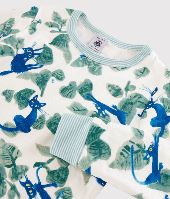 Kinderpyjama aus Doppeljersey mit Katzenmotiv für Jungen weiss MARSHMALLOW/weiss MULTICO
