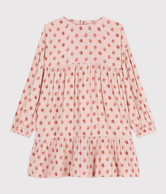 Langärmeliges Kleid mit Blumenprint aus Baumwollgaze für Kinder/Mädchen rosa SALINE/weiss MULTICO