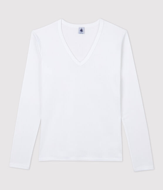 Damen-T-Shirt aus Baumwolle mit V-Ausschnitt weiss ECUME