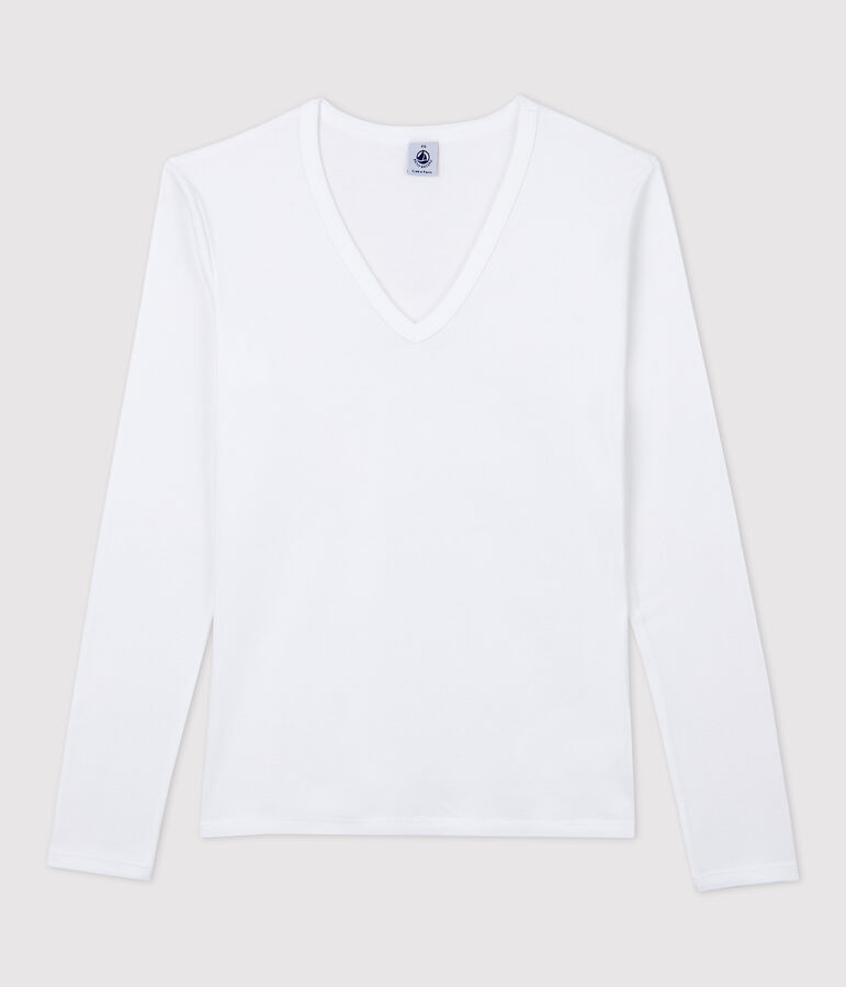 Damen-T-Shirt aus Baumwolle mit V-Ausschnitt weiss ECUME