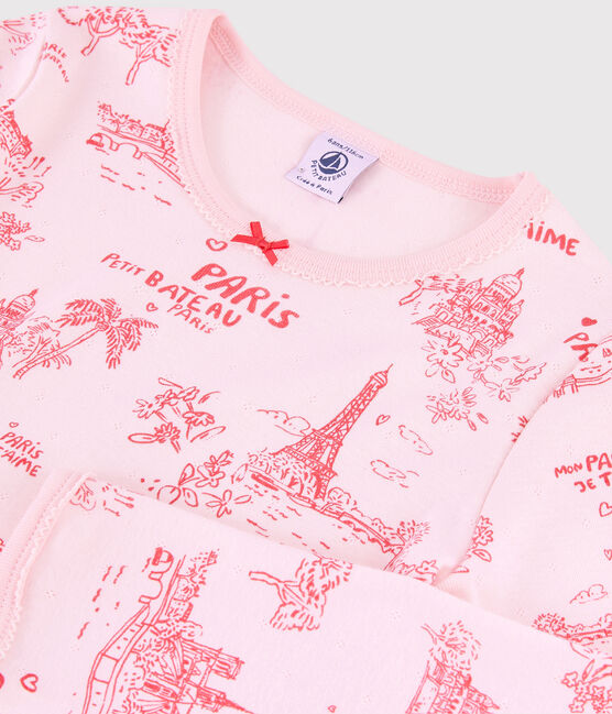 Kinder-Kurzpyjama aus Baumwolle mit Paris-Motiv im Toile-de-Jouy-Stil für Mädchen rosa FLEUR/rosa GROSEILLER