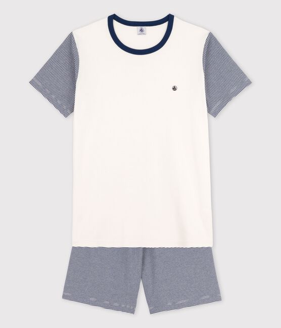 Kinder-Kurzpyjama aus Baumwolle mit blauen Ringelstreifen für Jungen blau MEDIEVAL/weiss MARSHMALLOW