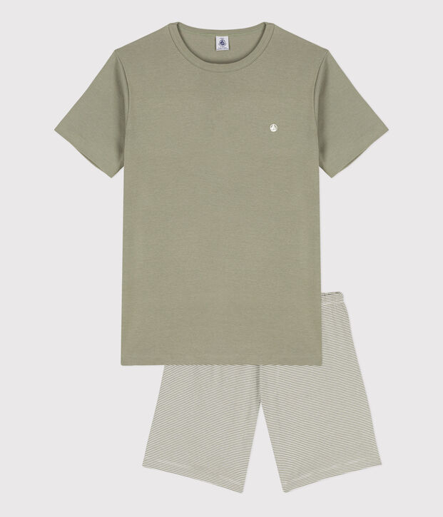 Kinder-Kurzpyjama aus Baumwolle mit Ringelstreifen f&uuml;r Jungen gr&uuml;n/weiss
