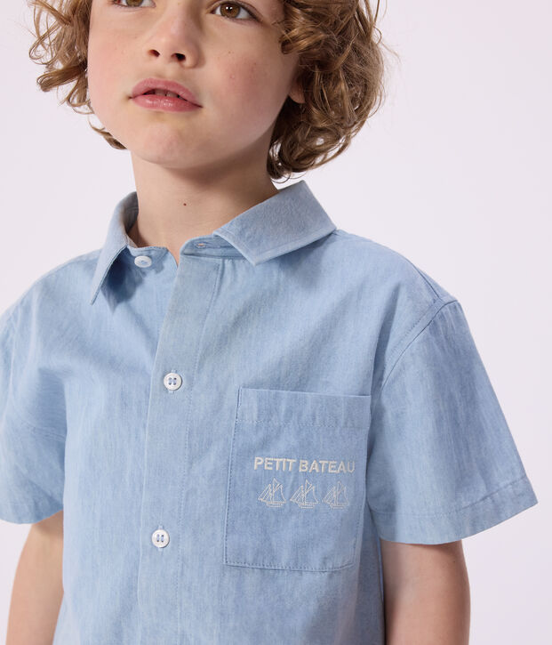 Kurz&auml;rmeliges Kinder-Hemd aus Baumwolle blau