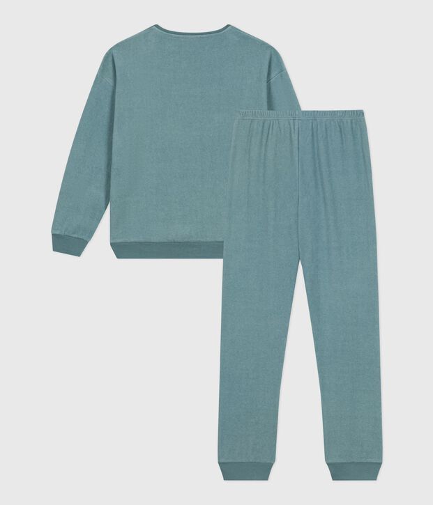 Damen-Pyjama aus einfarbigem Baumwoll-Frottee blau