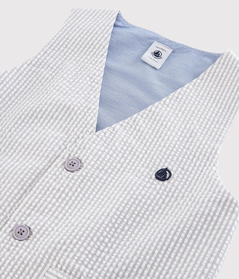 &Auml;rmellose Kinder-Weste aus Seersucker f&uuml;r Jungen grau GRIS/weiss MARSHMALLOW