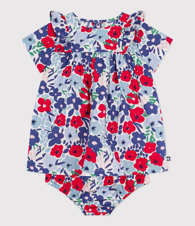 Kurz&auml;rmeliges Babykleid aus Baumwolle und dazu passender Bloomer mit Blumenmuster weiss/vielfarbig