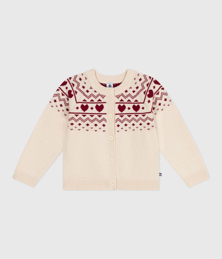 Kinder-Cardigan aus Wolle und Baumwolle mit Jacquard-Muster naturfarben/rot