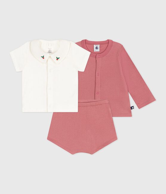 3-teiliges Newborn-Set aus Baumwolle und T-Shirt mit besticktem Kragen rosa ROSEWOOD/ MULTICO