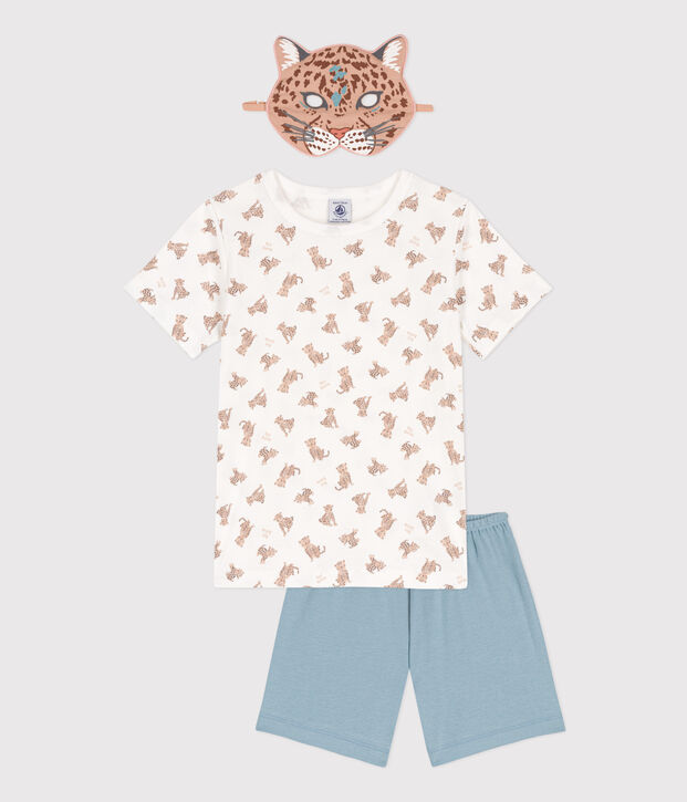 Kinderpyjama aus Baumwolle mit Leopardenmuster und Maske weiss/vielfarbig