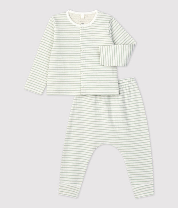 Zweiteiliges Baby-Set aus gestreiftem Bio-Doppeljersey weiss/gr&uuml;n