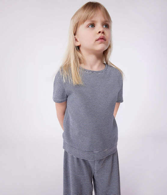 Kurzärmeliger Kinder-Pyjama aus Baumwolle mit weiten Beinen und Streifen blau SMOKING/weiss MARSHMALLOW