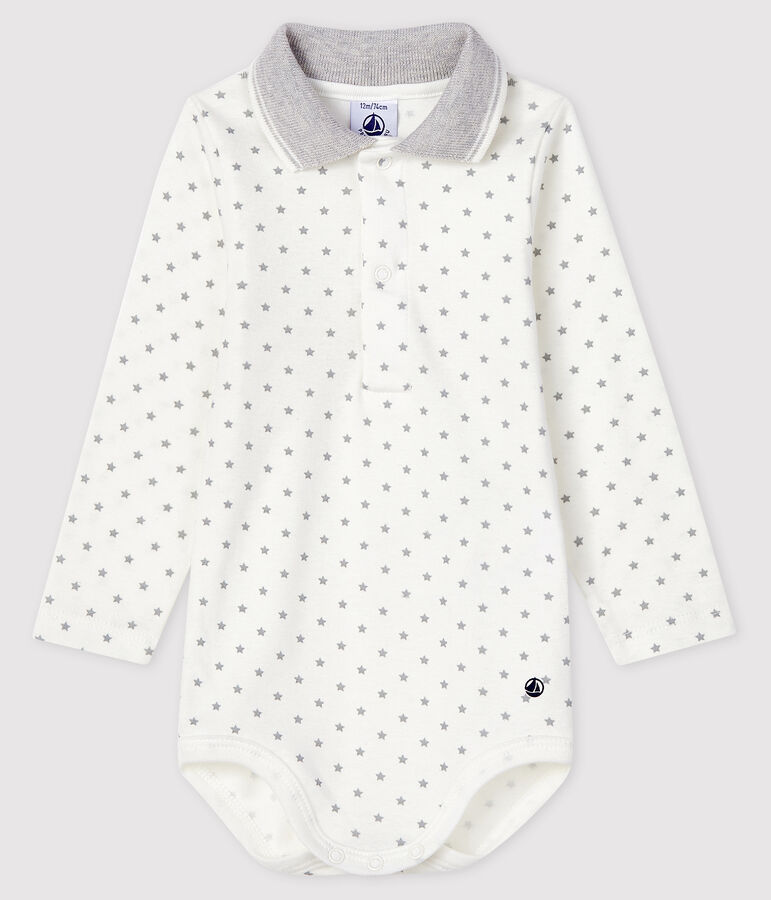 Lang&auml;rmliger Baby-Body mit Polokragen weiss/grau