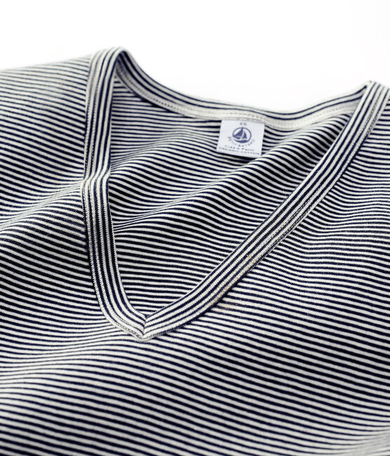 T-Shirt L’ICONIQUE aus Baumwolle mit V-Ausschnitt für Damen blau SMOKING/weiss MARSHMALLOW