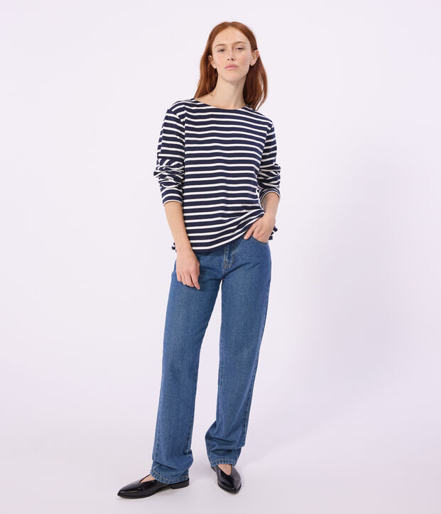 Damen-Shirt Marini&egrave;re aus Baumwolle mit Streifen blau/weiss