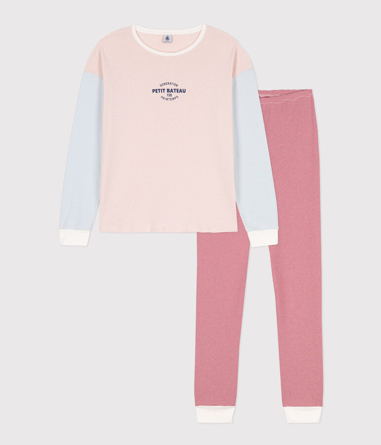 Pyjama aus Baumwolle mit dreifarbigen Ringelstreifen f&uuml;r Damen weiss/vielfarbig