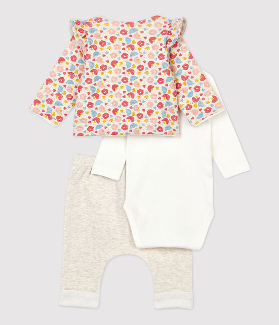 Dreiteiliges Baby-Set aus Wolle und Bio-Baumwolle mit Blumenmuster für Mädchen beige MONTELIMAR/weiss MULTICO