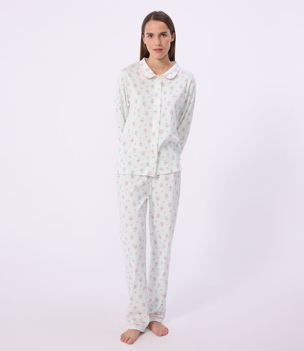 Damen-Pyjama aus gemusterter Baumwolle mit Knopfverschluss weiss/vielfarbig
