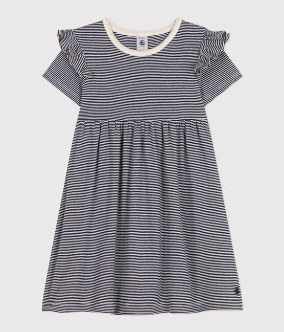 Kurzärmeliges gestreiftes Kleid aus Baumwolle Kinder/Mädchen blau SMOKING/weiss MARSHMALLOW