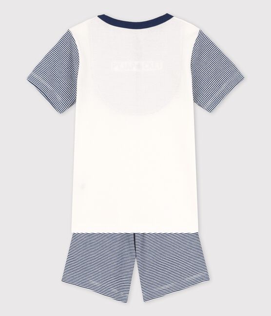 Kinder-Kurzpyjama aus Baumwolle mit blauen Ringelstreifen für Jungen weiss MARSHMALLOW/blau MEDIEVAL